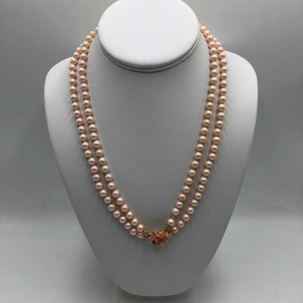 Signed Vendome Pink Faux Pearl Double Strand Necklace Floral Clasp Vintage